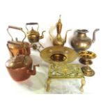 Two copper kettles and further brass spirit kettle, a Turkish coffee pot etc