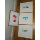 A set of three limited edition coloured prints after Dee Beale of stylised subjects including Winter