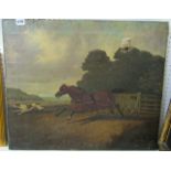A 19th century oil painting on canvas of a runaway carthorse pursuing a hound and running