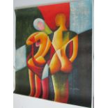 A pair of unframed oil paintings on canvas painted in the Cubist manner showing figure subjects, one