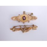 A Victorian 9ct gold and amethyst brooch, 3g approx together with an 15ct gold and seed pearl