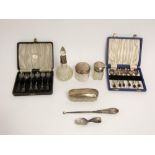 A mixed collection of silver items to include a boxed set of teaspoons in the seccessionist style,
