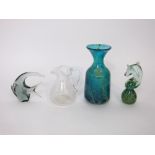 A Mdina turquoise vase glass with moulded crest, a further Medina glass model of a sea horse, a