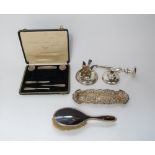 Mixed collection of silver items to include ashtray mounted by a porcelain goldfinch, Mappin and