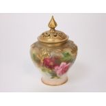 A Royal Worcester pot pourri vase and cover with painted pink and red rose decoration and with