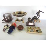 A mixed lot to include noritake pedestal comport, various footballing trophies, tape measures,