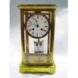 A good brass and bevelled four glass mantle clock with 4 inch two train enamelled dial, 30cm high