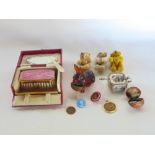 A box of interesting bijouterie items to include three miniature mohair teddy bears with articulated
