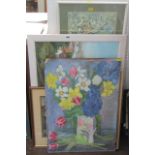 A collection of pictures and prints including an oil painting on board of a study of spring flowers,