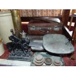 Two heavy vintage leather suitcases, 3 walking sticks, iron balance scales, claret jug, two cast