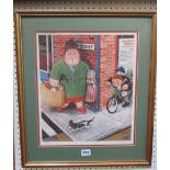 A humorous signed limited edition print of a street corner with woman, dog and boy on bicycle,