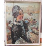 A 20th century coloured print of a young oriental woman seated in a harbour setting with fishing