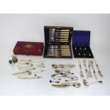 Boxed set of six silver coffee bean spoons, silver wrythen fluted silver and glass scent bottle,