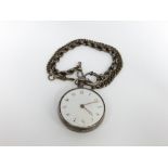A Georgian silver key wound enamel faced pocket watch with two silver Albert chains, London 1815,
