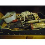 Two trays containing a collection of vintage hand tools including four Stanley planes, a number of