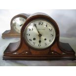 An art nouveau box wood inlaid mahogany Napoleon hat two train mantle clock, together with a similar