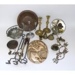 A collection of mixed metal ware to include relief cast plaque with horse racing and other