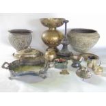 A mixed collection of metal ware to include an interesting eastern brass pot etched and decorated in