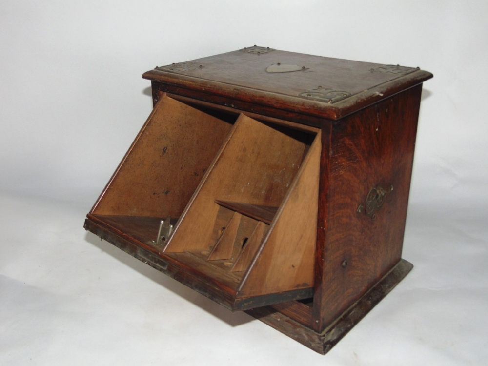 Interesting late 19th century oak smokers box, with levered fall front enclosing a fitted - Image 2 of 3