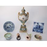 A Noritake two handled vase and cover with painted marine scene decoration against a turquoise and