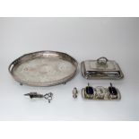 Silver cruet set comprising two salts and a mustard with spoons, with a further silver pepper and