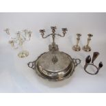 A mixed lot of silver plate to include a large twin handled lidded muffin dish with scrolled foliate