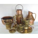 A mixed collection of metalware to include a copper and brass churn, large brass planished jardinere