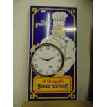 A vintage enamel wall panel incorporating a Metamec clock, McDougall's Saves You Time, 52cm tall