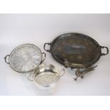 A mixed collection of silver plate to include a good large twin handled tray, a pair of silver