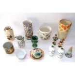 A collection of ceramics including a Japanese sugar caster of conical form with painted female