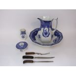 A early 20th century Corona ware Windsor pattern blue and white printed jug and basin together