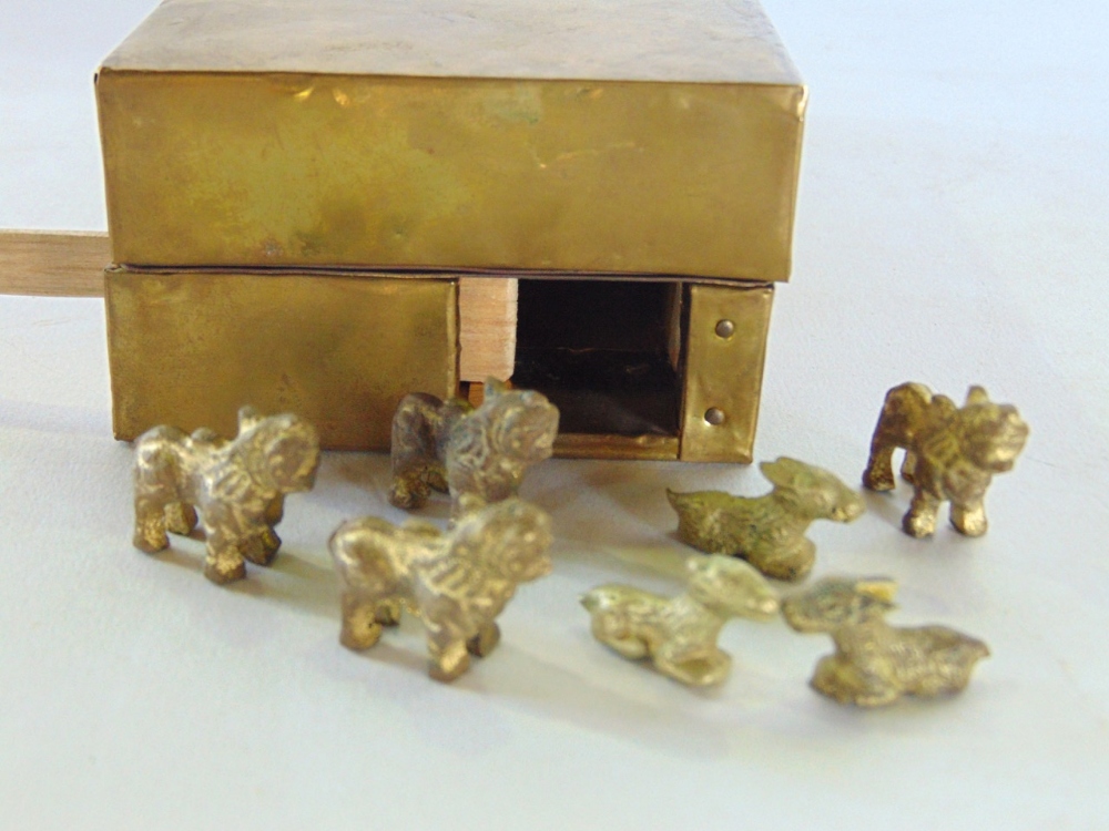 Interesting Eastern folded brass game set, a sealed hatch revealing miniature gilt metal figures - Image 3 of 3