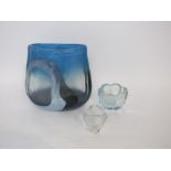 A heavy Studio Glass vase with abstract decoration in tones of blue and with etched signature to