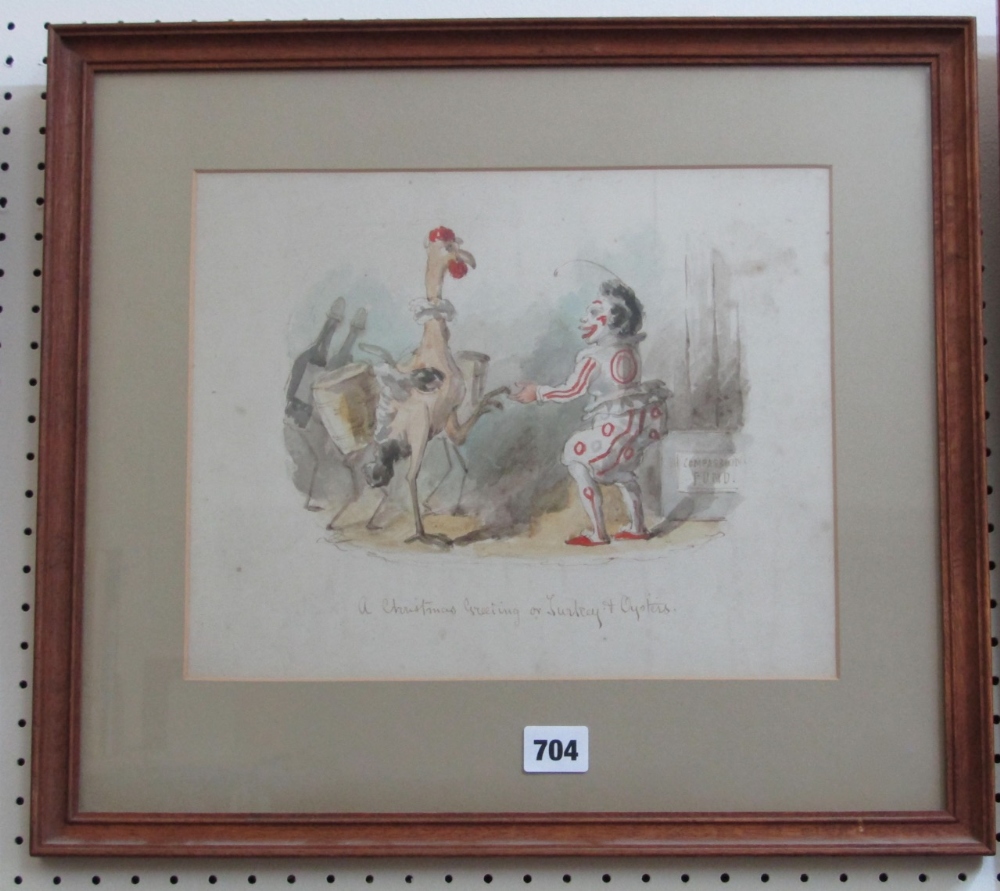 A 19th century watercolour caricature of a clown and a turkey inscribed A Christmas Greeting or