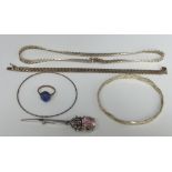 A matching articulated silver bracelet and necklace set, together with two silver bangles and a