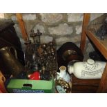 Big mixed metalware lot to include candlesticks, candelabra, jugs, etc, together with two vintage