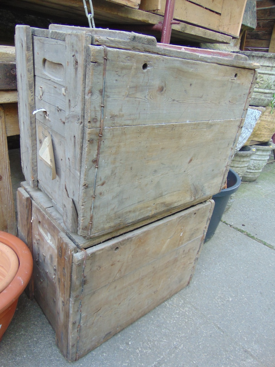 Two vintage wooden crates with hinged lids