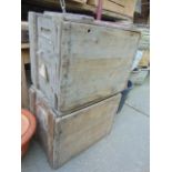 Two vintage wooden crates with hinged lids