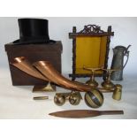 Good mixed misc lot to include Don & Co of London, bruished silk top hat in box, art nouveou