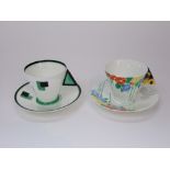 Two Shelley art deco coffee cups and saucers, one with green and black geometric design and