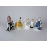 A collection of five Royal Doulton figures Country Maid HN3163, Hilary HN2335, Mother and Baby