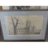 A signed monochrome print by Jack Russell of Gloucester Cathedral produced to commemorate the