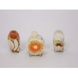 A three piece Clarice Cliff Bizarre condiments set in the Rhodanthe pattern with orange, brown and