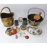 A mixed collection of metal ware to include a pewter tankard inscribed "MW Rogers, a gift of