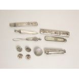 Mixed collection of antique bijouterie silver to include fruit knife, needle case, buttons etc