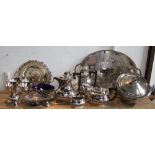 A large mixed collection of silver plated items to include a four piece tea service, twin handled