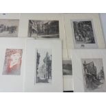 A collection of etchings including a pair showing scenes at Bury St Edmunds signed Mabel Oliver