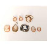 A collection of small cameo jewellery to include a matching 9ct ring and earring set, a silver