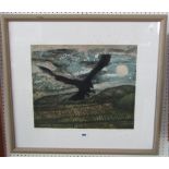 A 20th century signed coloured proof of an atmospheric scene with bird in flight against a moonlit