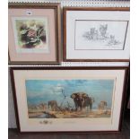 A signed coloured limited edition print after David Shepherd showing a group of elephants and